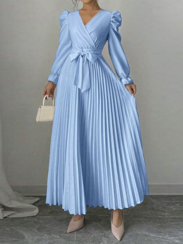 Elegant V-Neck Pleated Midi Dress with Tie Waist and Ruffled Sleeves - Polyester, Slim Fit, Long Sleeve, Lace-Up Detail for Women