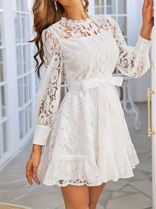 Long Sleeve Lace Dress with Stand Collar and Tie Waist - Elegant, Machine Washable, Polyester - Perfect for All Seasons, Special Occasion Wear