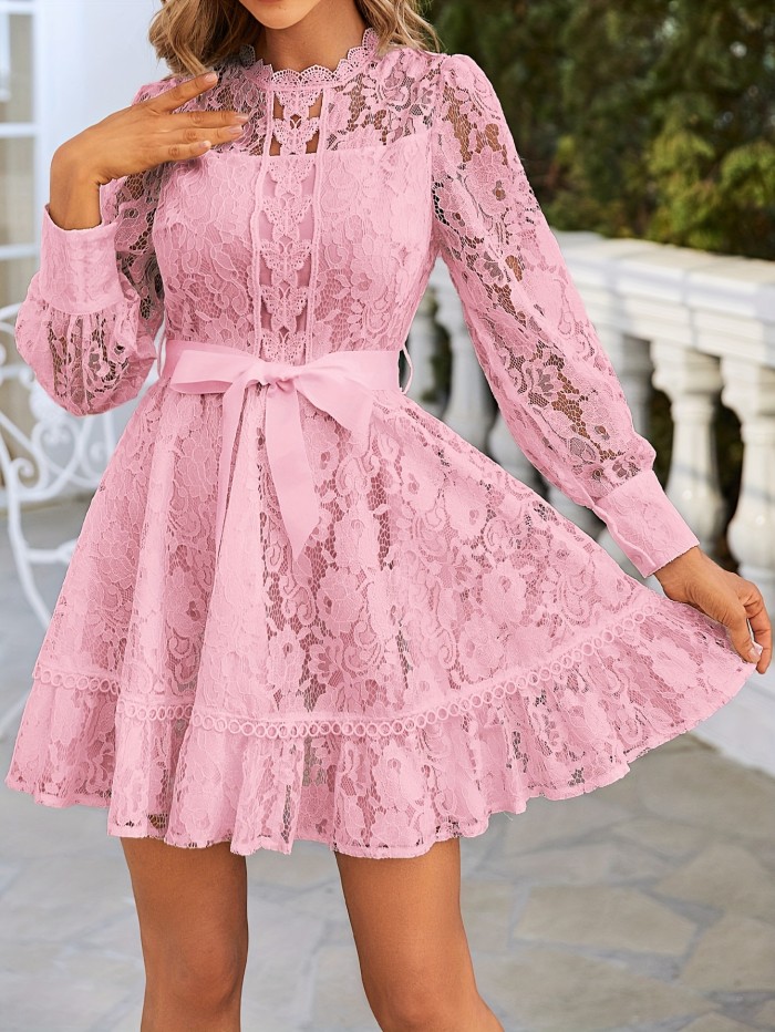 Long Sleeve Lace Dress with Stand Collar and Tie Waist - Elegant, Machine Washable, Polyester - Perfect for All Seasons, Special Occasion Wear