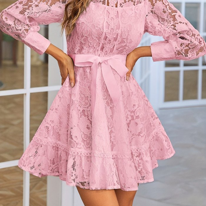 Long Sleeve Lace Dress with Stand Collar and Tie Waist - Elegant, Machine Washable, Polyester - Perfect for All Seasons, Special Occasion Wear