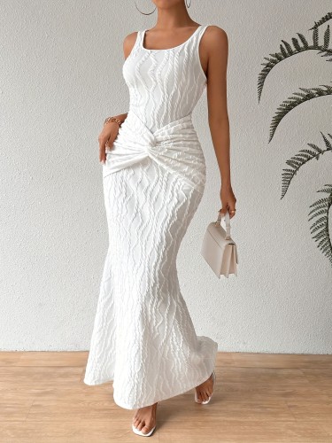 Chic Sleeveless Twist Midi Dress for Women - Slim Fit, Solid Black, V-Neck with Off-Shoulder Design, Summer Fashion, Bodycon Silhouette