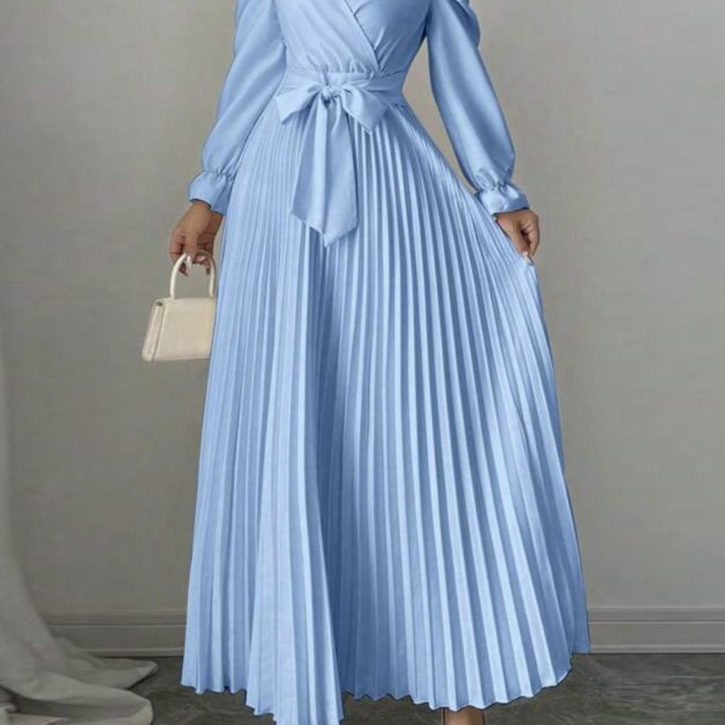 Elegant V-Neck Pleated Midi Dress with Tie Waist and Ruffled Sleeves - Polyester, Slim Fit, Long Sleeve, Lace-Up Detail for Women