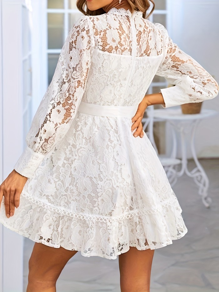 Long Sleeve Lace Dress with Stand Collar and Tie Waist - Elegant, Machine Washable, Polyester - Perfect for All Seasons, Special Occasion Wear