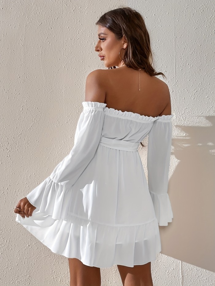Elegant Off-Shoulder Ruffle Dress with Belt - Solid Color, Spring\u002FSummer Collection for Women