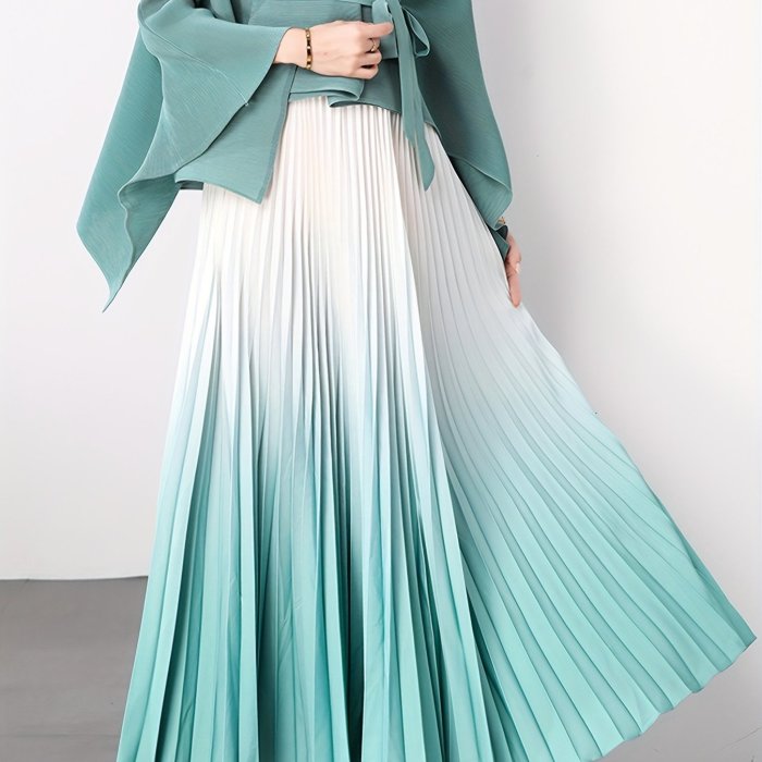Elegant Gradient Pleated Maxi Skirt | Women's Polyester | Middle Eastern Style | Machine Washable & Dry Clean Safe | Spring\u002FSummer Collection | Lavender to Purple Ombre | Glossy Finish