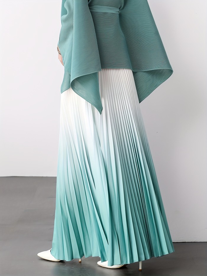 Elegant Gradient Pleated Maxi Skirt | Women's Polyester | Middle Eastern Style | Machine Washable & Dry Clean Safe | Spring\u002FSummer Collection | Lavender to Purple Ombre | Glossy Finish