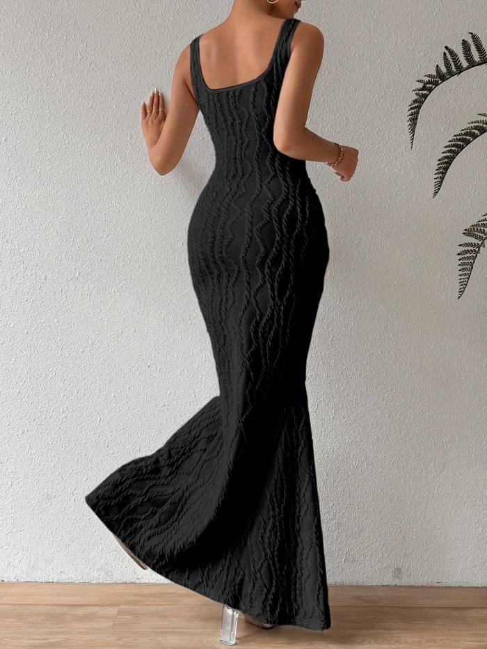 Chic Sleeveless Twist Midi Dress for Women - Slim Fit, Solid Black, V-Neck with Off-Shoulder Design, Summer Fashion, Bodycon Silhouette