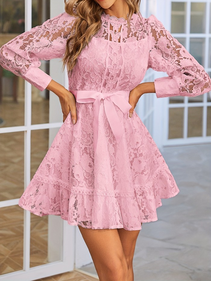 Long Sleeve Lace Dress with Stand Collar and Tie Waist - Elegant, Machine Washable, Polyester - Perfect for All Seasons, Special Occasion Wear