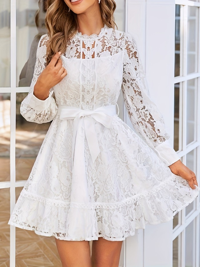 Long Sleeve Lace Dress with Stand Collar and Tie Waist - Elegant, Machine Washable, Polyester - Perfect for All Seasons, Special Occasion Wear