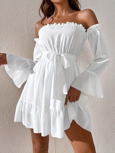 Elegant Off-Shoulder Ruffle Dress with Belt - Solid Color, Spring\u002FSummer Collection for Women