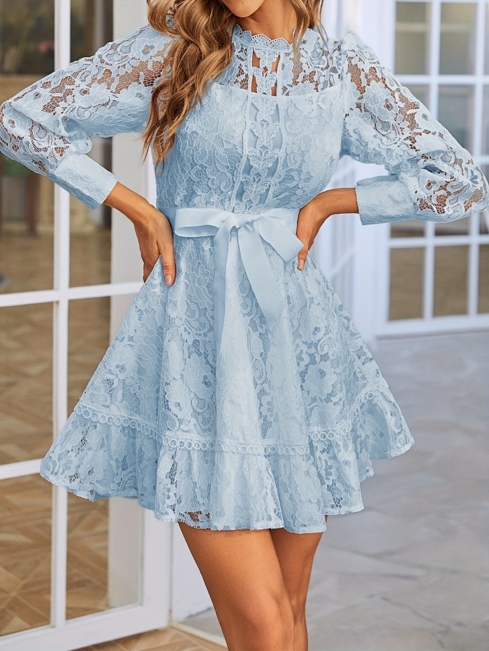 Long Sleeve Lace Dress with Stand Collar and Tie Waist - Elegant, Machine Washable, Polyester - Perfect for All Seasons, Special Occasion Wear