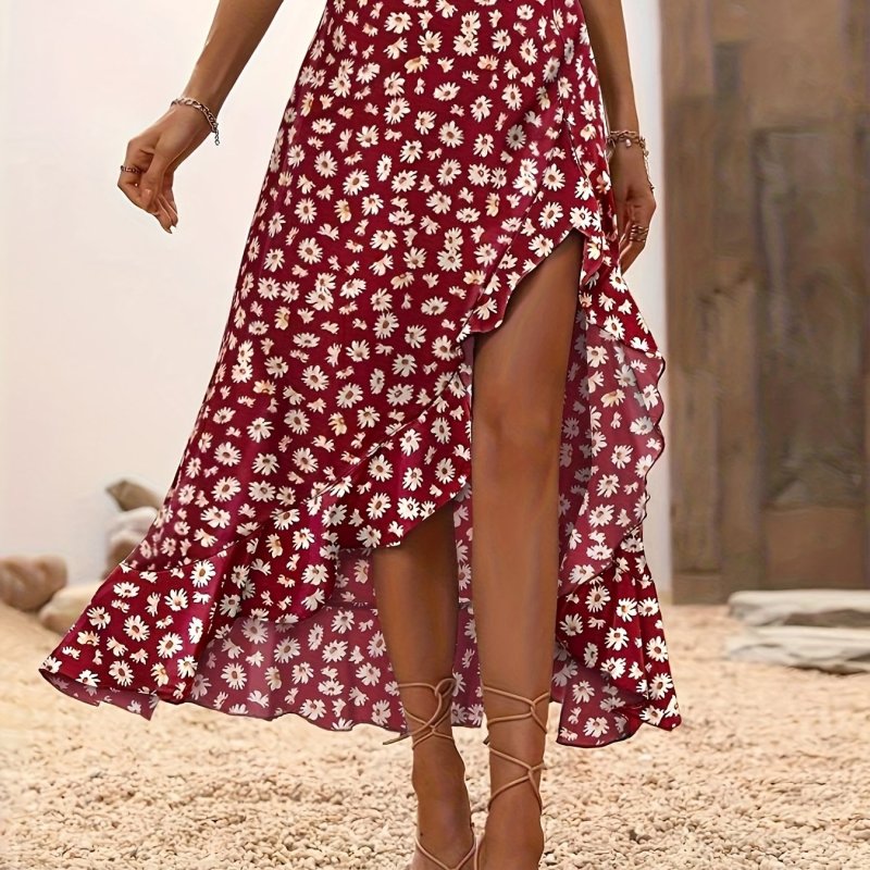 Women'S Bohemian Floral Print High-Waisted Skirt with Asymmetrical Ruffle Hem and Side Slit, Elegant Black Floral Design for Spring\u002FSummer Casual Wear, Ruffle Skirt