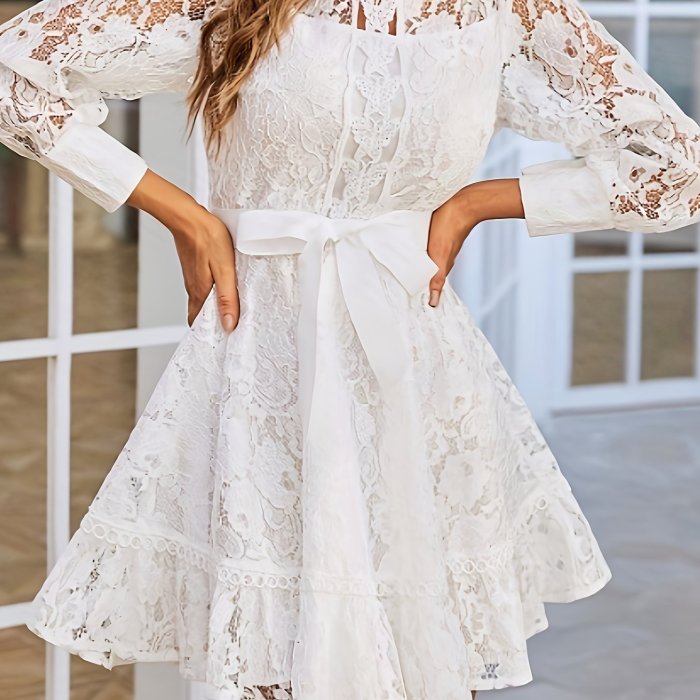 Long Sleeve Lace Dress with Stand Collar and Tie Waist - Elegant, Machine Washable, Polyester - Perfect for All Seasons, Special Occasion Wear