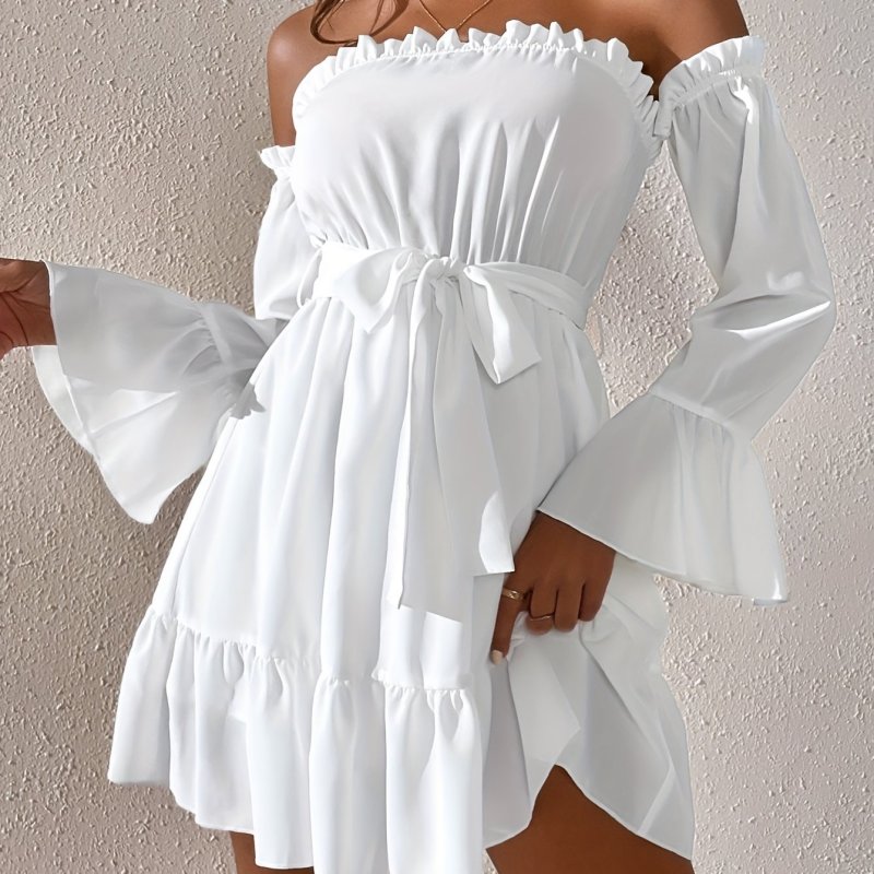 Elegant Off-Shoulder Ruffle Dress with Belt - Solid Color, Spring\u002FSummer Collection for Women