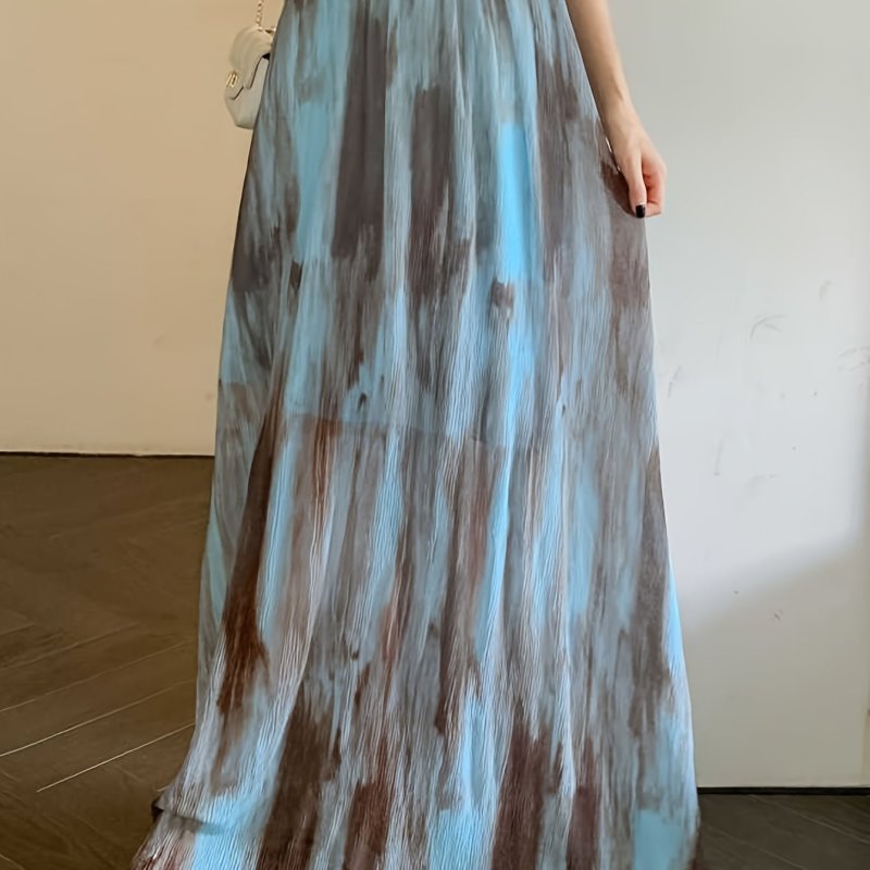 Women'S Vintage Tie-Dye Print Maxi Skirt - High Waist, A-Line Design with Flowing Silhouette, Perfect for Spring, Summer & Fall, Vibrant Blue, Brown & Teal Patterns