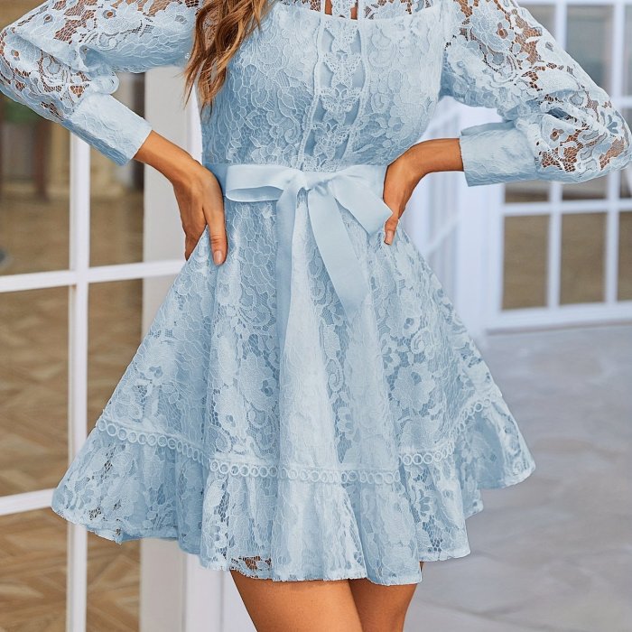 Long Sleeve Lace Dress with Stand Collar and Tie Waist - Elegant, Machine Washable, Polyester - Perfect for All Seasons, Special Occasion Wear