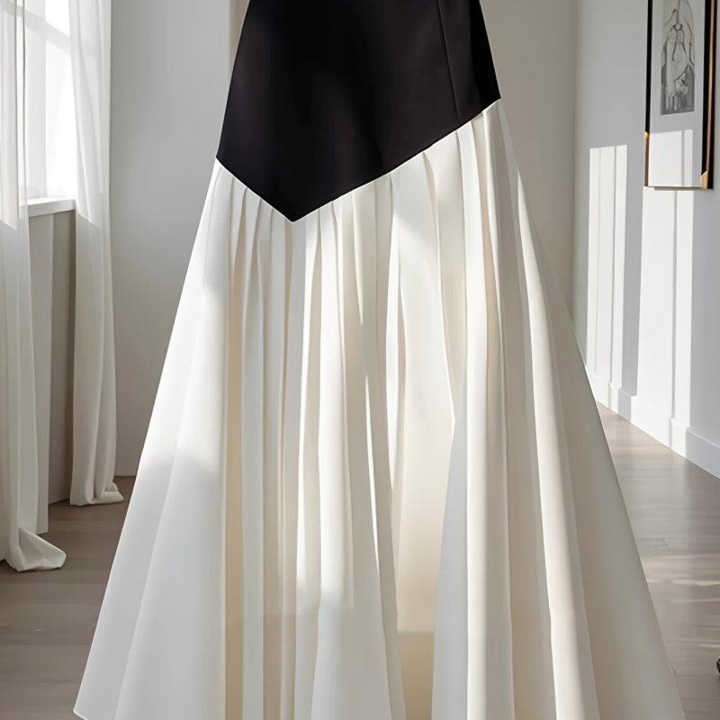 Black And White Patchwork Pleated Midi Skirt