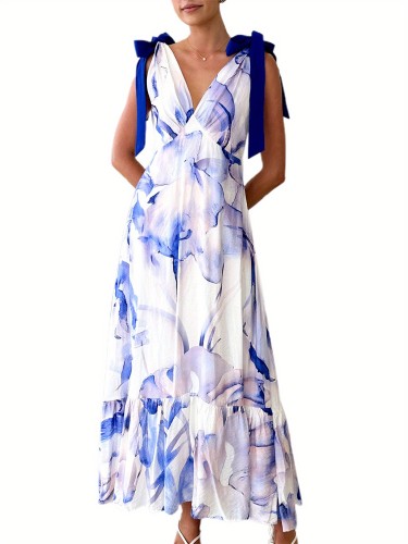Women's Elegant Tropical Floral Print V-Neck Maxi Cami Dress - Sleeveless, Open Back, Ruffled Hem, Lightweight & Flowy for Spring\u002FSummer, Flowy, Loose Cami Dress