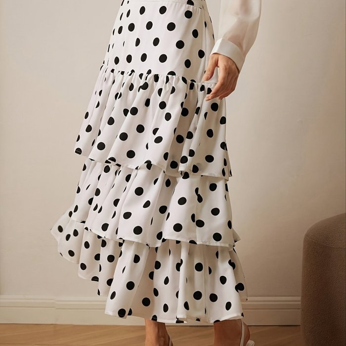 Women's Elegant French-Inspired Polka Dot A-Line Skirt - Multi-Tiered Ruffle Design, High Waist, Flowy Silhouette, Machine Washable, Polyester