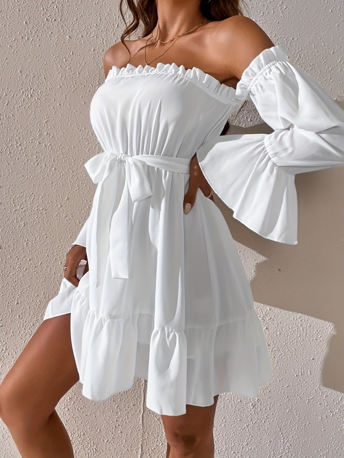 Elegant Off-Shoulder Ruffle Dress with Belt - Solid Color, Spring\u002FSummer Collection for Women