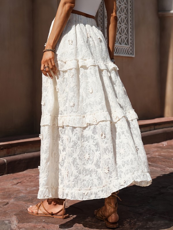 Versatile Solid Color Elegant Lace Tiered Maxi Skirt - 95% Polyester, 5% Elastane, Woven, Casual Style for All Seasons