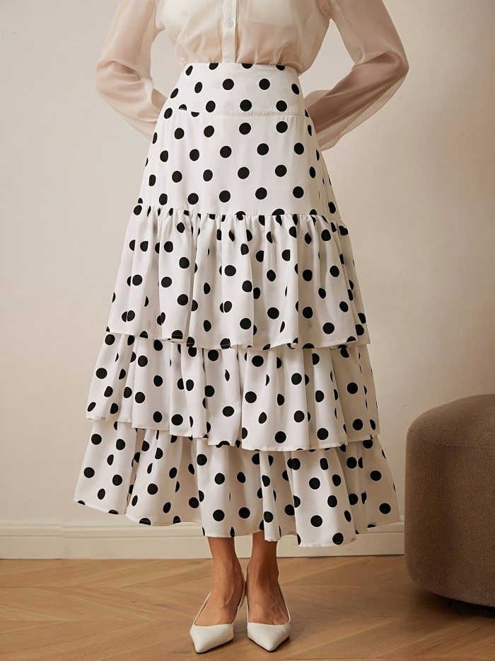 Women's Elegant French-Inspired Polka Dot A-Line Skirt - Multi-Tiered Ruffle Design, High Waist, Flowy Silhouette, Machine Washable, Polyester