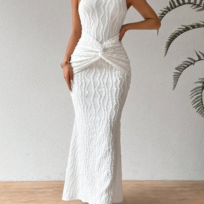 Chic Sleeveless Twist Midi Dress for Women - Slim Fit, Solid Black, V-Neck with Off-Shoulder Design, Summer Fashion, Bodycon Silhouette