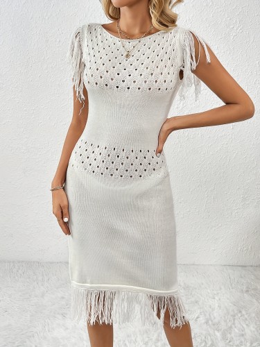 Women'S Elegant Acrylic Knit Mini Dress with Fringe Detail - Sleeveless, Round Neck, Pencil Fit, White, Perfect for Spring and Summer, Casual to Formal Attire, Casual Attire | Fringe Detail Dress | Knit Texture