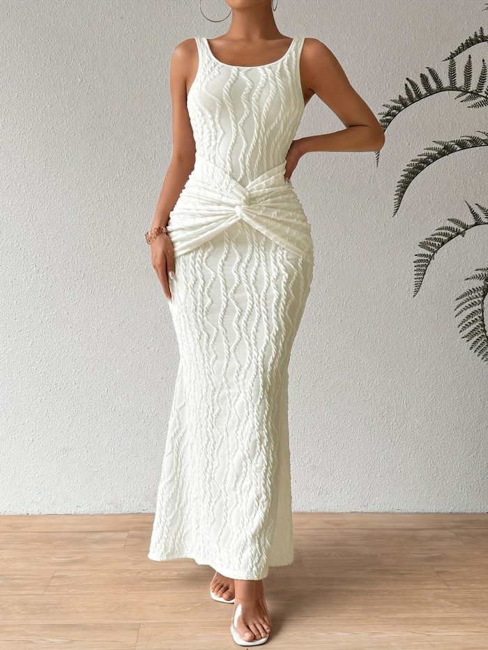 Chic Sleeveless Twist Midi Dress for Women - Slim Fit, Solid Black, V-Neck with Off-Shoulder Design, Summer Fashion, Bodycon Silhouette