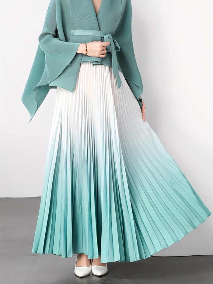 Elegant Gradient Pleated Maxi Skirt | Women's Polyester | Middle Eastern Style | Machine Washable & Dry Clean Safe | Spring\u002FSummer Collection | Lavender to Purple Ombre | Glossy Finish