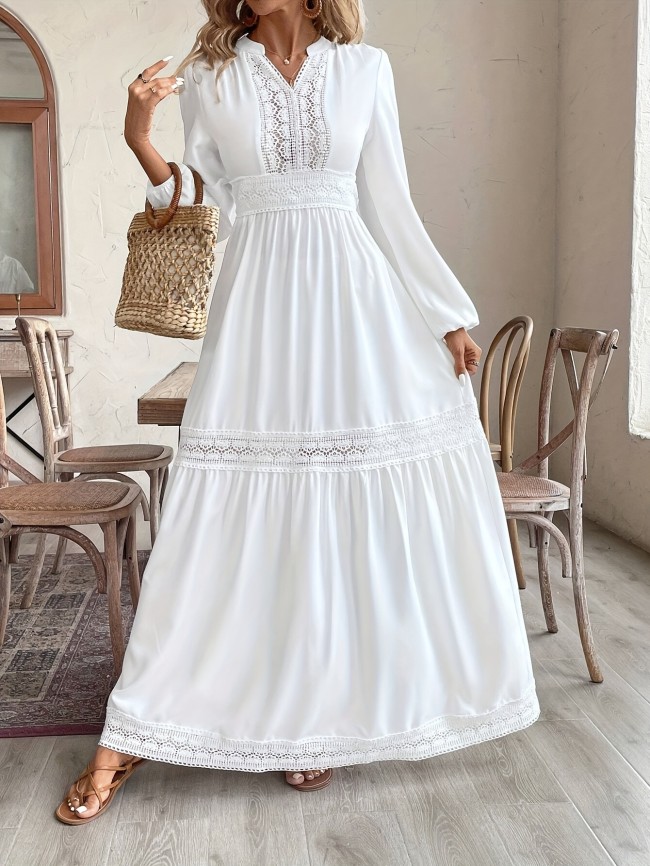 Elegant Lace Dress High Waist Elegant White Lace Dress - Long Flowy V-Neck Design for Women, Perfect for All Seasons