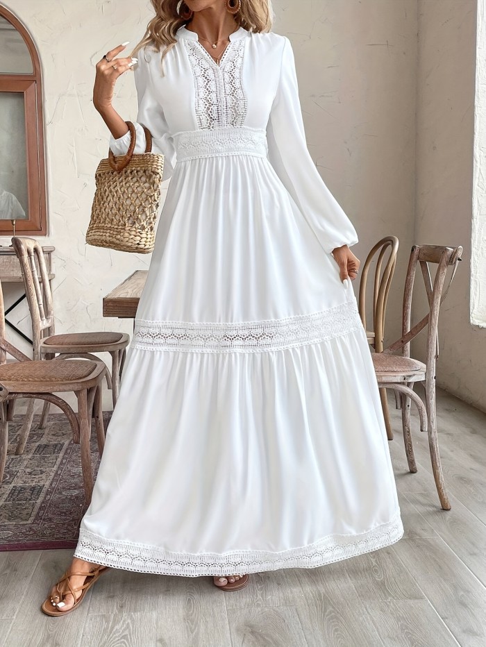 Elegant Lace Dress High Waist Elegant White Lace Dress - Long Flowy V-Neck Design for Women, Perfect for All Seasons