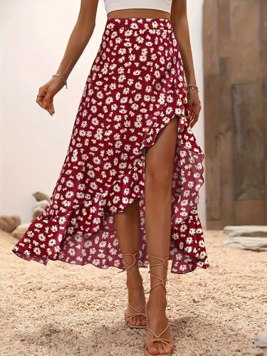 Women'S Bohemian Floral Print High-Waisted Skirt with Asymmetrical Ruffle Hem and Side Slit, Elegant Black Floral Design for Spring\u002FSummer Casual Wear, Ruffle Skirt