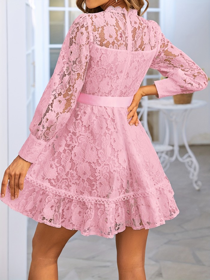 Long Sleeve Lace Dress with Stand Collar and Tie Waist - Elegant, Machine Washable, Polyester - Perfect for All Seasons, Special Occasion Wear