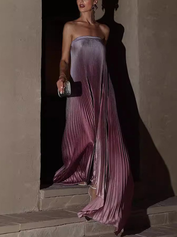 A-Line Loose Elasticity Gradient Pleated Tube Evening Dresses Maxi Dresses