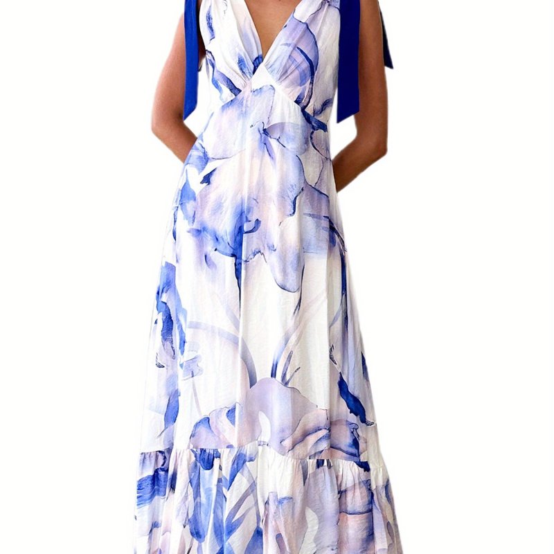 Women's Elegant Tropical Floral Print V-Neck Maxi Cami Dress - Sleeveless, Open Back, Ruffled Hem, Lightweight & Flowy for Spring\u002FSummer, Flowy, Loose Cami Dress
