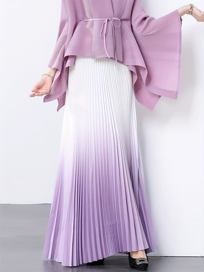 Elegant Gradient Pleated Maxi Skirt | Women's Polyester | Middle Eastern Style | Machine Washable & Dry Clean Safe | Spring\u002FSummer Collection | Lavender to Purple Ombre | Glossy Finish