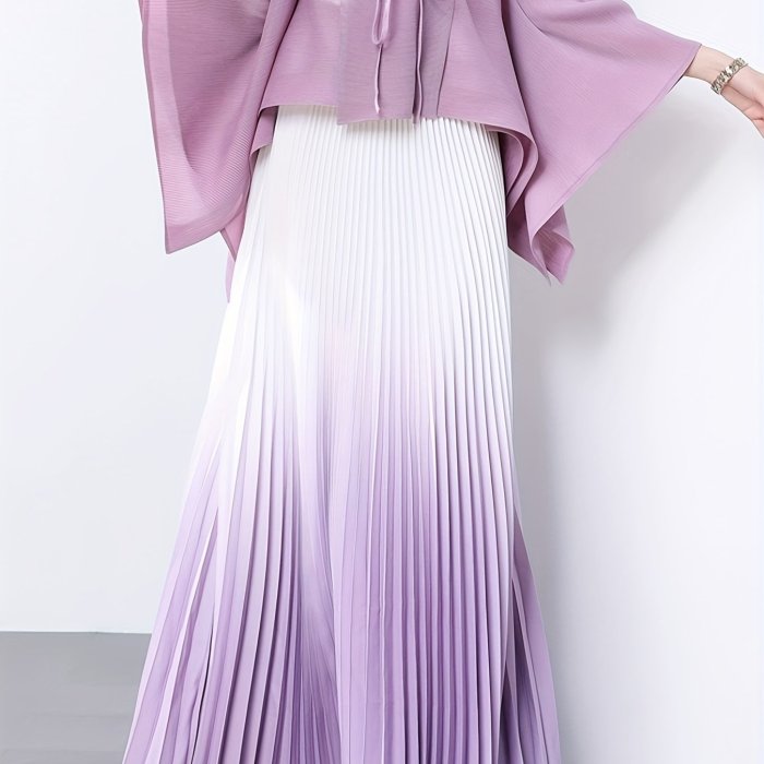 Elegant Gradient Pleated Maxi Skirt | Women's Polyester | Middle Eastern Style | Machine Washable & Dry Clean Safe | Spring\u002FSummer Collection | Lavender to Purple Ombre | Glossy Finish