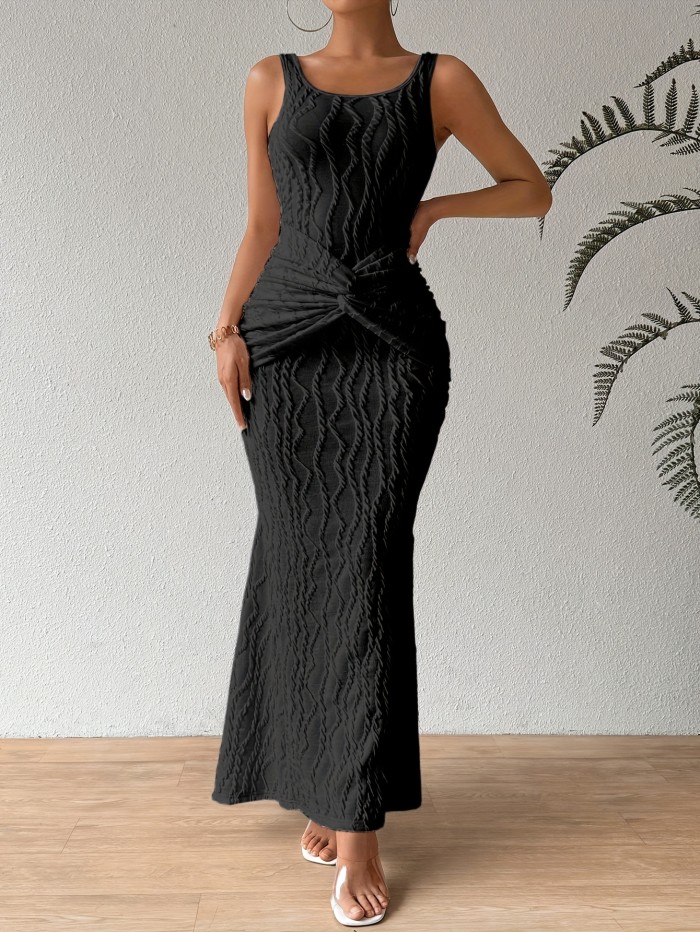 Chic Sleeveless Twist Midi Dress for Women - Slim Fit, Solid Black, V-Neck with Off-Shoulder Design, Summer Fashion, Bodycon Silhouette