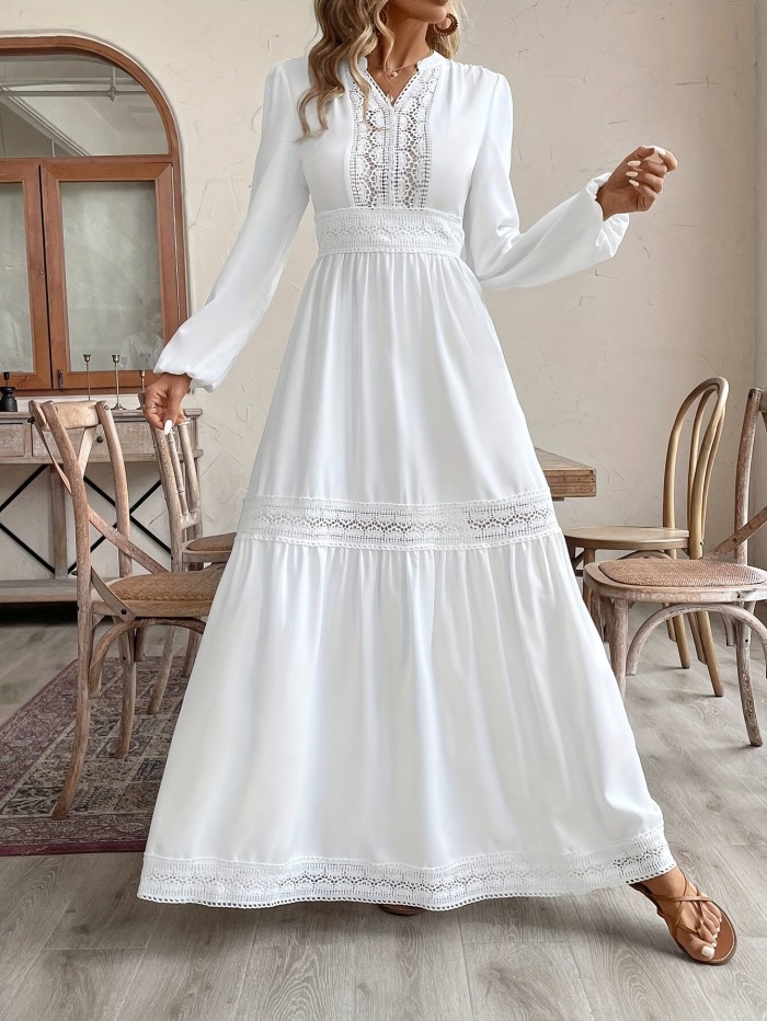 Elegant Lace Dress High Waist Elegant White Lace Dress - Long Flowy V-Neck Design for Women, Perfect for All Seasons