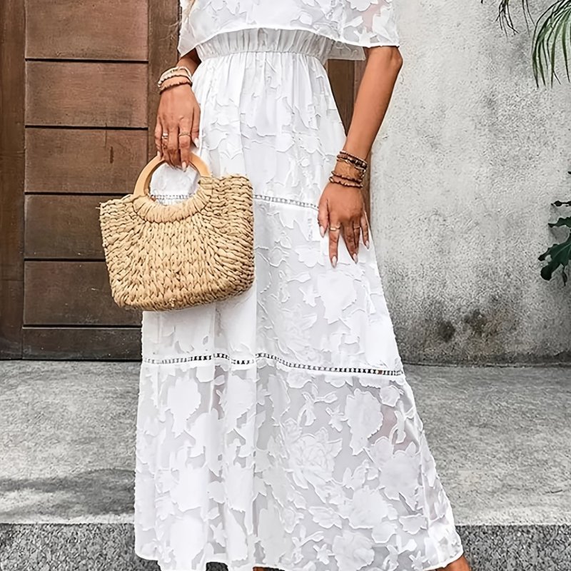 Elegant Women's Off-Shoulder Chiffon Dress - Solid Color, Floral Jacquard Pattern, Ruffled Cape Sleeves, Perfect for Spring\u002FSummer Vacations, Casual Elegance Attire|Offshoulder Dress|Woven Texture