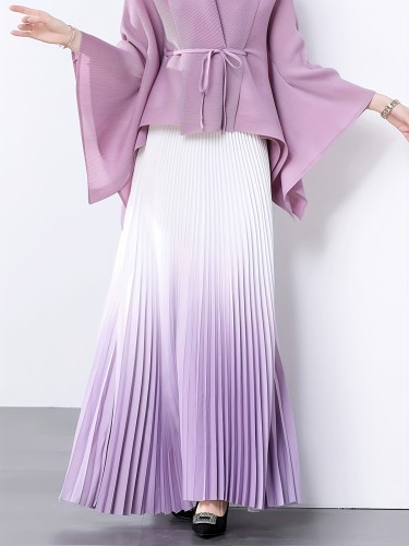 Elegant Gradient Pleated Maxi Skirt | Women's Polyester | Middle Eastern Style | Machine Washable & Dry Clean Safe | Spring\u002FSummer Collection | Lavender to Purple Ombre | Glossy Finish