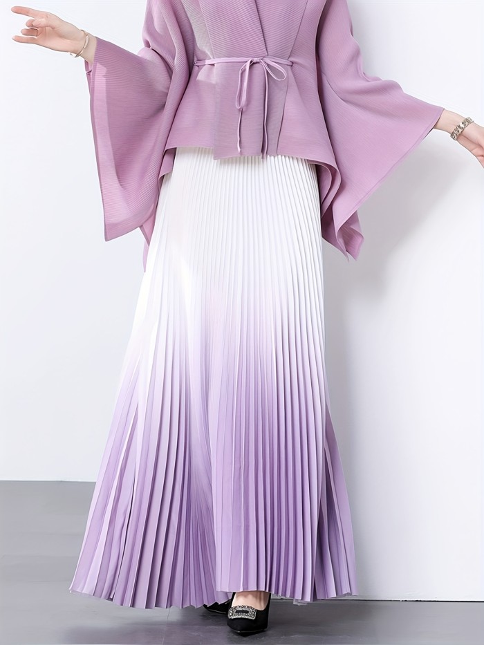 Elegant Gradient Pleated Maxi Skirt | Women's Polyester | Middle Eastern Style | Machine Washable & Dry Clean Safe | Spring\u002FSummer Collection | Lavender to Purple Ombre | Glossy Finish