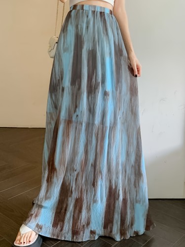Women'S Vintage Tie-Dye Print Maxi Skirt - High Waist, A-Line Design with Flowing Silhouette, Perfect for Spring, Summer & Fall, Vibrant Blue, Brown & Teal Patterns