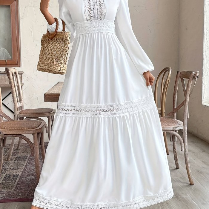 Elegant Lace Dress High Waist Elegant White Lace Dress - Long Flowy V-Neck Design for Women, Perfect for All Seasons