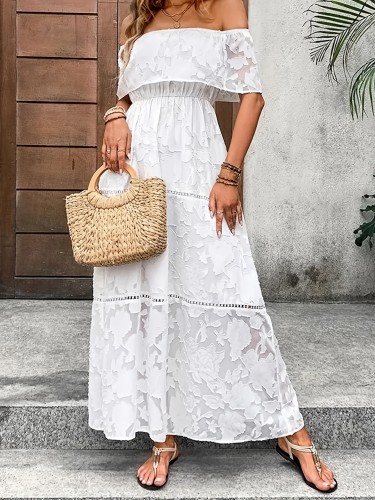 Elegant Women's Off-Shoulder Chiffon Dress - Solid Color, Floral Jacquard Pattern, Ruffled Cape Sleeves, Perfect for Spring\u002FSummer Vacations, Casual Elegance Attire|Offshoulder Dress|Woven Texture