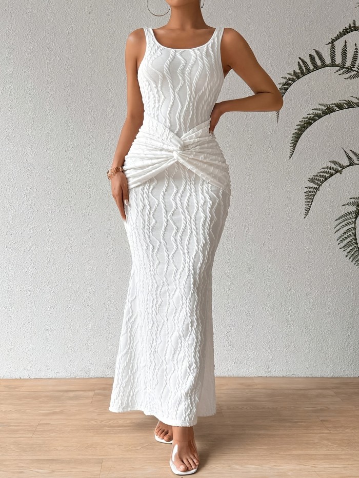 Chic Sleeveless Twist Midi Dress for Women - Slim Fit, Solid Black, V-Neck with Off-Shoulder Design, Summer Fashion, Bodycon Silhouette