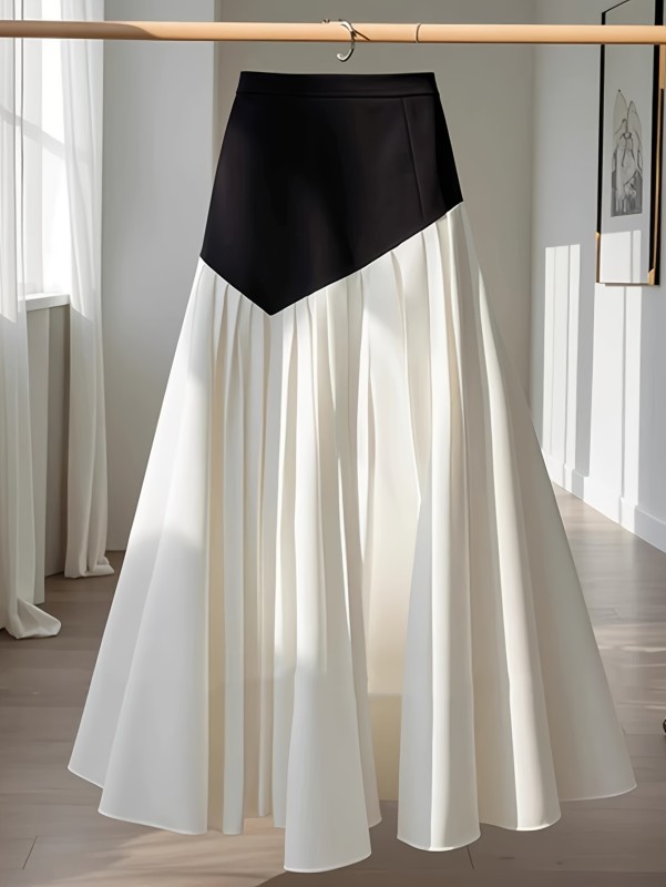 Black And White Patchwork Pleated Midi Skirt