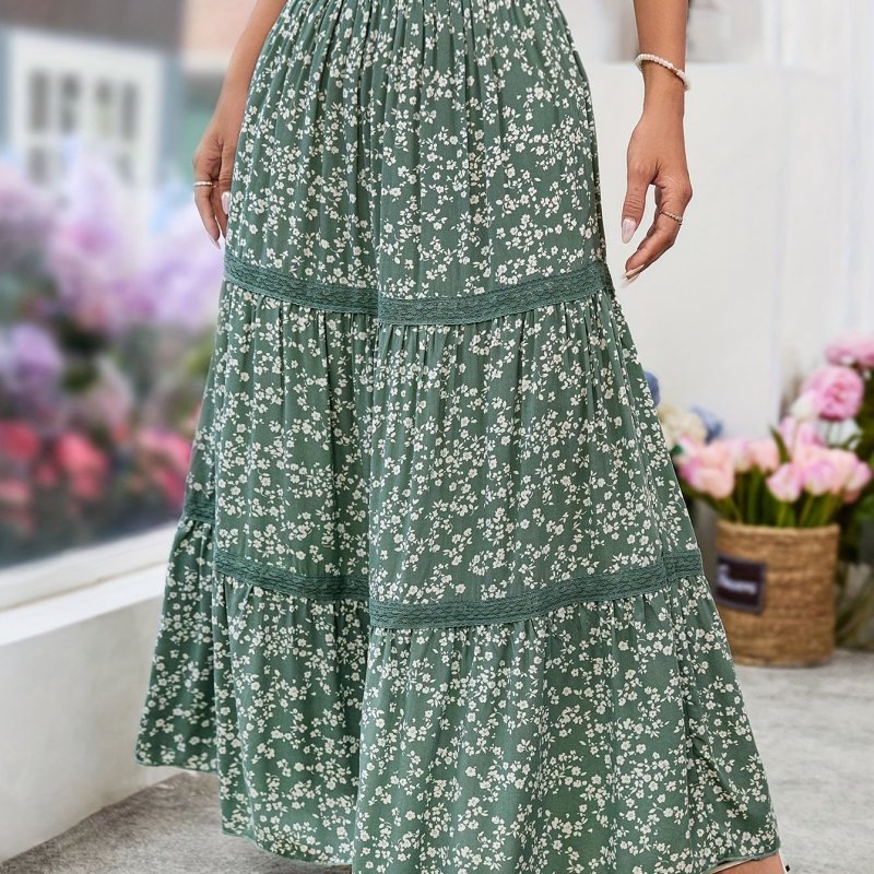 Women'S Elegant Floral Tiered Maxi Skirt - Green with White Floral Pattern, Polyester, Lace Trim, Perfect for Summer Holiday, Beach Coverup Skirt|Floral Print Skirt|Polyester Fabric