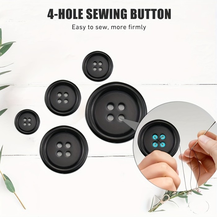 100pcs Versatile Black Resin Craft Buttons - 4-Hole, 5 Sizes, Durable & Easy-to-Use for DIY Projects, Sewing, and Holiday Decorations - Smooth Finish, Heat Resistant